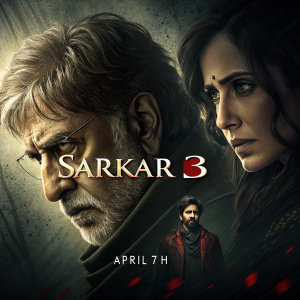 Official trailer poster for Sarkar 3 featuring Amitabh Bachchan and Katrina Kaif. Dark theme, close-up shots of faces. Release date April 7th.