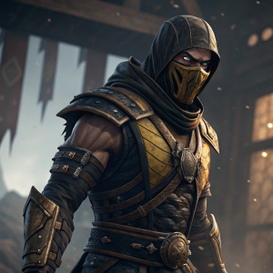 In a high-definition video game scene, Scorpion from Mortal Kombat stands with a menacing glare. His physique is heavily armored, and he strikes a powerful, combat-ready pose. The background is abstract and dark.