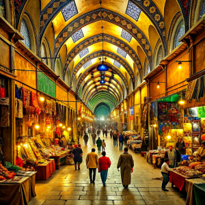 I want a drawing of the colorful and intricate bazaars of Istanbul, with people shopping on Sunday and colorful stalls.