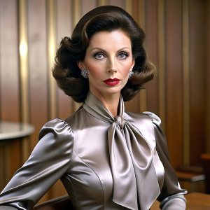 stern looking 50 yo brunette attractive CEO in boardroom. very narrow waist and massive pushed up bosom wearing shiny satin bow blouse with puff sleeves. slim tall neck and high cheekbones. Dark red lipstick. side view