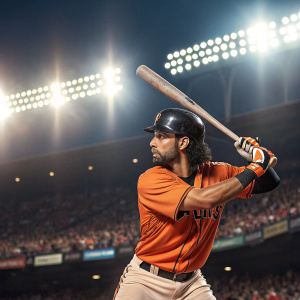 Angel Pagan, baseball player, in an intense batting stance. The stadium lights are bright. Focused look, the crowd is cheering.