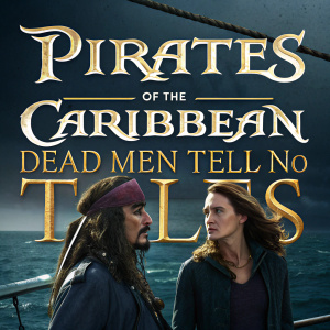 DVD Cover: Pirates of the Caribbean: Dead Men Tell No Tales. Dark blue ocean background. Characters: Jack Sparrow and Carina Smith. Disney logo prominently displayed