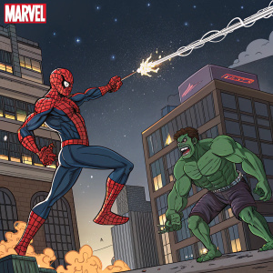 Comic book style illustration featuring Spider-Man in a dynamic action pose, web-swinging amidst a night cityscape. A muscular, green-skinned villain confronts him with an aggressive stance. Explosions and chaos below. Bold colors and exaggerated poses convey intense action. Marvel logo prominently displayed at top.