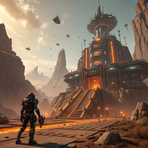 Digital artwork of a vast, futuristic wasteland from Borderlands 3. The scene features a colossal, tech-infused fortress with glowing, orange-lit walkways and platforms. Surrounding it are towering, jagged rocks and floating pieces of debris. At the base of the structure stands a character, preparing to explore.