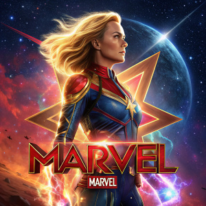 Official poster for 'Captain Marvel'. Starry cosmic background, fiery aura around the superheroine. Marvel Studios logo at bottom