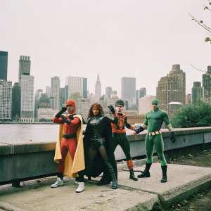 The Teen Titans ensemble, a group photo. Vibrant color scheme. Robin, Starfire, Raven, Cyborg, Beast Boy. City skyline backdrop
