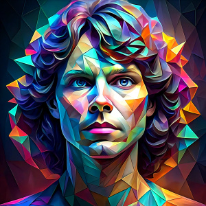 Stylized and abstract portrait of Jim Morrison created with geometric shapes and vibrant colors.
The portrait is composed of a series of geometric shapes and bright colors that together form a face. Colors include shades of white, blue, yellow, red, green and purple. The background is dark, which makes the bright colors stand out even more. Although it is a portrait, specific details of the face are difficult to discern due to the abstract art style