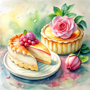 a strictly side view a watercolor illustration  lay out of a sponge cake with floral decor made of cream on the circumference and a cheesecake and a meat pies on porcelain white plate in the middle of a shot, detailed, cozy, tasty, side view, watercolor illustration style, white background