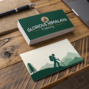 Modern design business cards for 'Glorious Himalaya Trekking'. Green and earth tone color scheme, featuring trekking silhouette logo. Cards on rustic wooden desk.