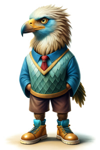 UN AGUILA CALVA DE PIE, TIPO HUMANOIDE, UN ALA ARRIBA, CON POLO CELESTE, EL FONDO BLANCO