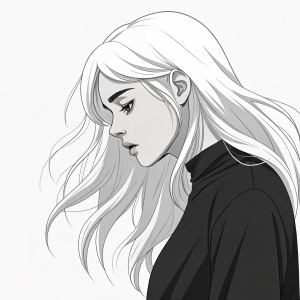 Flat design illustration featuring a woman with long white hair. Melancholic look. Simple black and white, minimal background. Anime style