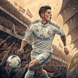 James Rodríguez, the soccer star, in action. Wearing his Real Madrid jersey, surrounded by cheering fans at a packed stadium.