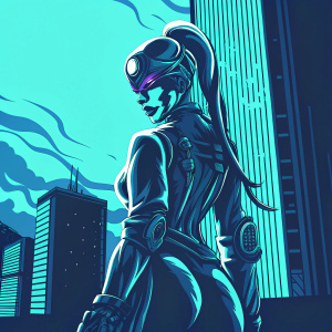 Digital illustration of Overwatch character Widowmaker. Cyberpunk theme, neon lights, urban setting