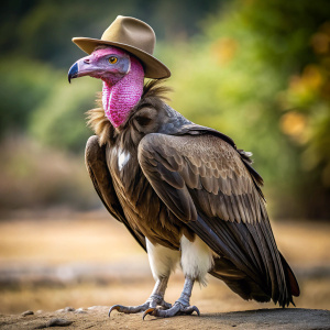 standing texas vulture bird wearing cowboy hat,side view,full body