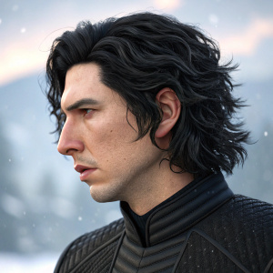 3D render of Kylo Ren, close-up view showcasing his black, tousled hair. Rendered in futuristic digital art style.