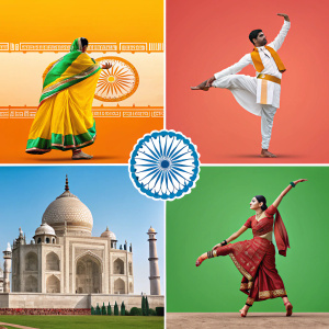 A vibrant digital collage celebrating Indian culture through dance and art forms. Featuring traditional attire and dynamic poses, set against a gradient background. Presented in a grid format, each image contributes to the overall theme, showcasing the rich cultural tapestry of India.
