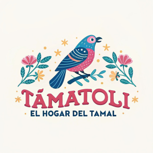 Logo for 'TAMATOLLI EL HOGAR DEL TAMAL'. Vibrant design featuring a stylized bird adorned with blue and pink hues. Small floral elements add charm. Text 'TAMATOLLI EL HOGAR DEL TAMAL' beneath bird, creating a lively and traditional aesthetic.