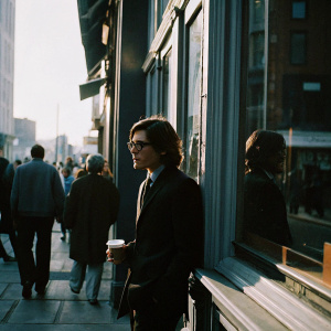 Zac Efron, dressed in a black suit and glasses, standing outside a bustling coffee shop. Bright morning light, surrounded by passersby.