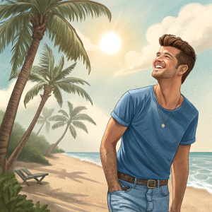 Robin Thicke, wearing a blue t-shirt and denim jeans, smiling on a sunny beach. Palm trees in the background.