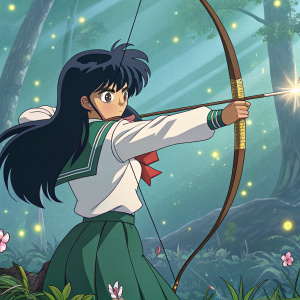 Kagome Higurashi, determined face, holding bow and arrow. Bright, animated background