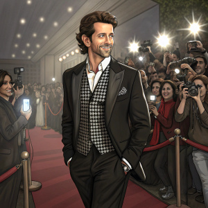 Hrithik Roshan, Indian actor, at awards ceremony. Black suit, white shirt, and checkered vest. Crowded room with flashing cameras.