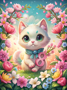 postcard for March 8th in chibi style, cute kitten, flowers, riot of fantasy, masterpiece