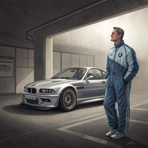 Michael Schumacher, wearing a blue track suit with BMW logo, stands beside his silver car in a quiet, empty garage. Solemn expression.