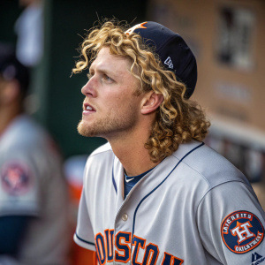 Close-up of a baseball player, curly blonde hair, wearing a Houston Astros jersey. Focused expression. Background blurred