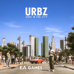 A vibrant video game cover for 'Urbz: Sims in the City'. Colorful urban setting with diverse characters. PS2 game by EA Games.