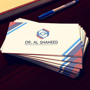 Professional business card design for Dr. Al Shaheed. White cardstock with sleek blue accents. Geometric logo and name in elegant font. Arranged neatly on a wooden desk
