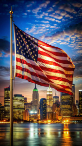 
American flag beautiful city lights at night