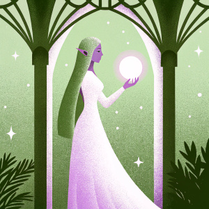 Digital illustration of female elf, Tyrande Whisperwind. Slender build, long green hair, glowing orb in hand. Dimly lit background with intricate architecture and greenery.