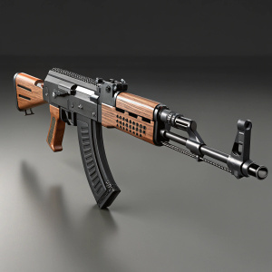 High-tech 3D digital rendering of a modernized AK-47 assault rifle. The weapon features a blend of black and brown hues. It's depicted on a sleek, grey background, emphasizing its tactical readiness.