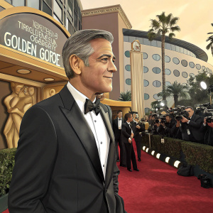George Clooney, in a candid shot at the Golden Globe Awards. The background features a bustling red carpet scene.