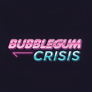 Vibrant pink 'Bubblegum Crisis' logo. Clean, bold font. Retro-futuristic design. Set against sleek, dark background. Memorable and eye-catching.