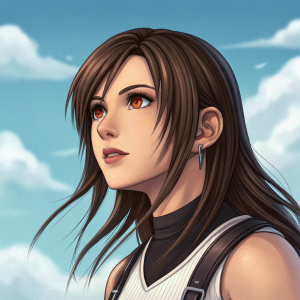 Tifa Lockhart from Final Fantasy VII in a digital art piece. Detailed face drawing in color, against a serene blue sky backdrop.
