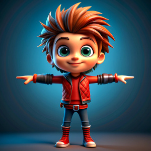 a front and left side t pose of a slim rocker style 3d character with clothes and cute facial features
