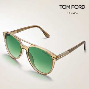 Stacy FT0452 sunglasses by Tom Ford. Light brown frame, vibrant green lenses, and curved shape.