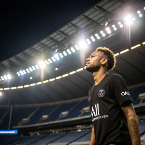 Neymar Jr., Brazilian footballer, wearing a black t-shirt with sponsor logos, standing alone in a stadium illuminated by floodlights.