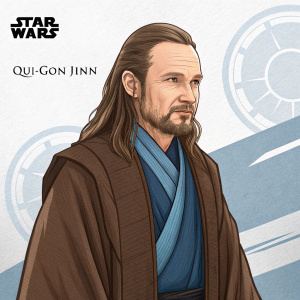A detailed illustration of Qui-Gon Jinn from Star Wars. Depicted with a serene expression, brown and blue tones, traditional art style, Star Wars logo