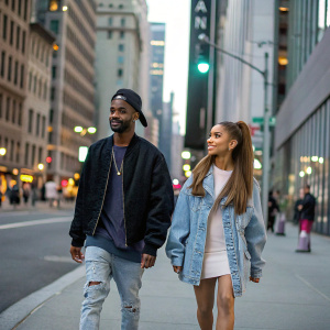 Big Sean and Ariana Grande, wearing casual outfits, walking down a busy city street. Modern urban backdrop