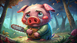 a crying sad pig with a chainsaw