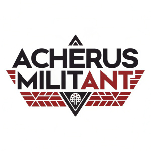 Stylized logo featuring 'Acherus Militant' in bold, sans-serif font with a modern twist. The design combines geometric shapes and a stencil version of a grotesque font, using black and red for contrast. A blend of simplicity and edginess.