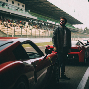 Virat Kohli, in stylish casual wear, posing with a Ferrari. A vibrant race track as the backdrop