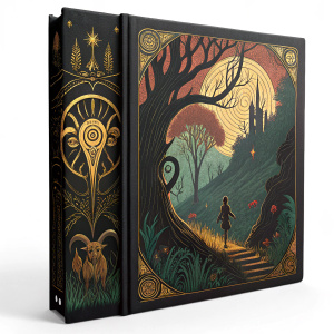Artbook for Guillermo del Toro's 'Pan's Labyrinth' featuring intricate illustrations. Vibrant colors of gold, black, brown, and green dominate the cover. Dark fantasy setting