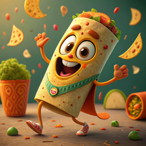 A cartoon burrito character model in a vibrant 3D digital space.