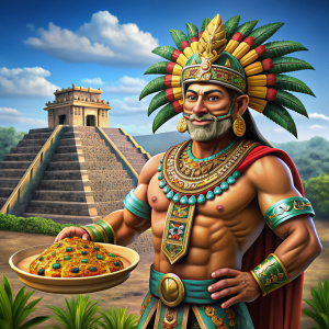 Guerrero jaguar azteca sosteniendo plato de boneless con Tenochtitlan de fondo animado para logo
