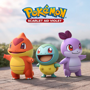 Promotional image for Pokémon Scarlet and Violet featuring a lineup of colorful, cartoonish characters from the franchise. Each character stands out with its distinct design and vibrant hues. The game title, Scarlet and Violet, is boldly showcased.