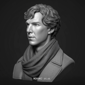 A detailed 3D digital render of Benedict Cumberbatch's bust. He wears a scarf and the artwork is in grayscale. Mohamed Aalaa's name is displayed at the bottom. Dark background