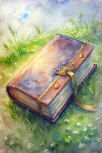 an old beautiful mysterious book with a gilded spine,bookmark, on a grass